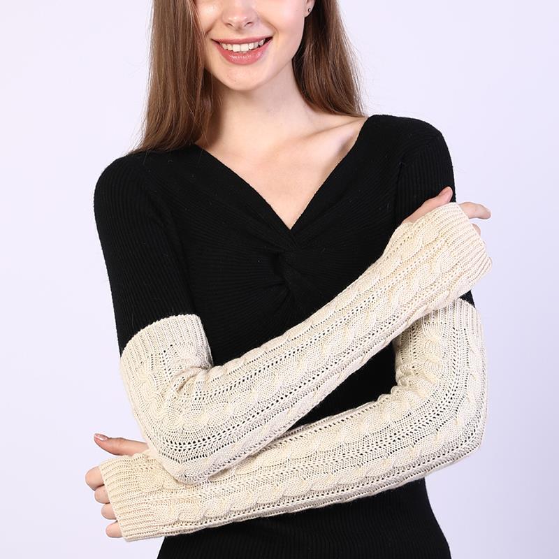 Manchons de bras en tricot torsadé, longs, thermiques, tricot extensible, mitaines sans doigts, couleur unie, bras de protection classique en laine, Figure 8: Beige