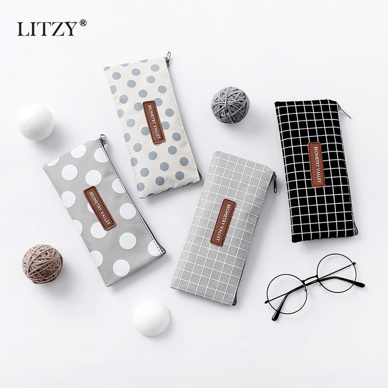 Canvas Pencil Case for School Cute Pen Bag Simple Striped Grid Pencilcase Pen Box Stationery Pouch School Office Supplies