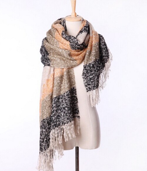 Women Fall Winter Mohair Cashmere Like Scarf Long Size Warm Scarves & Wraps For Lady Casual Patchwork Accessories: Black