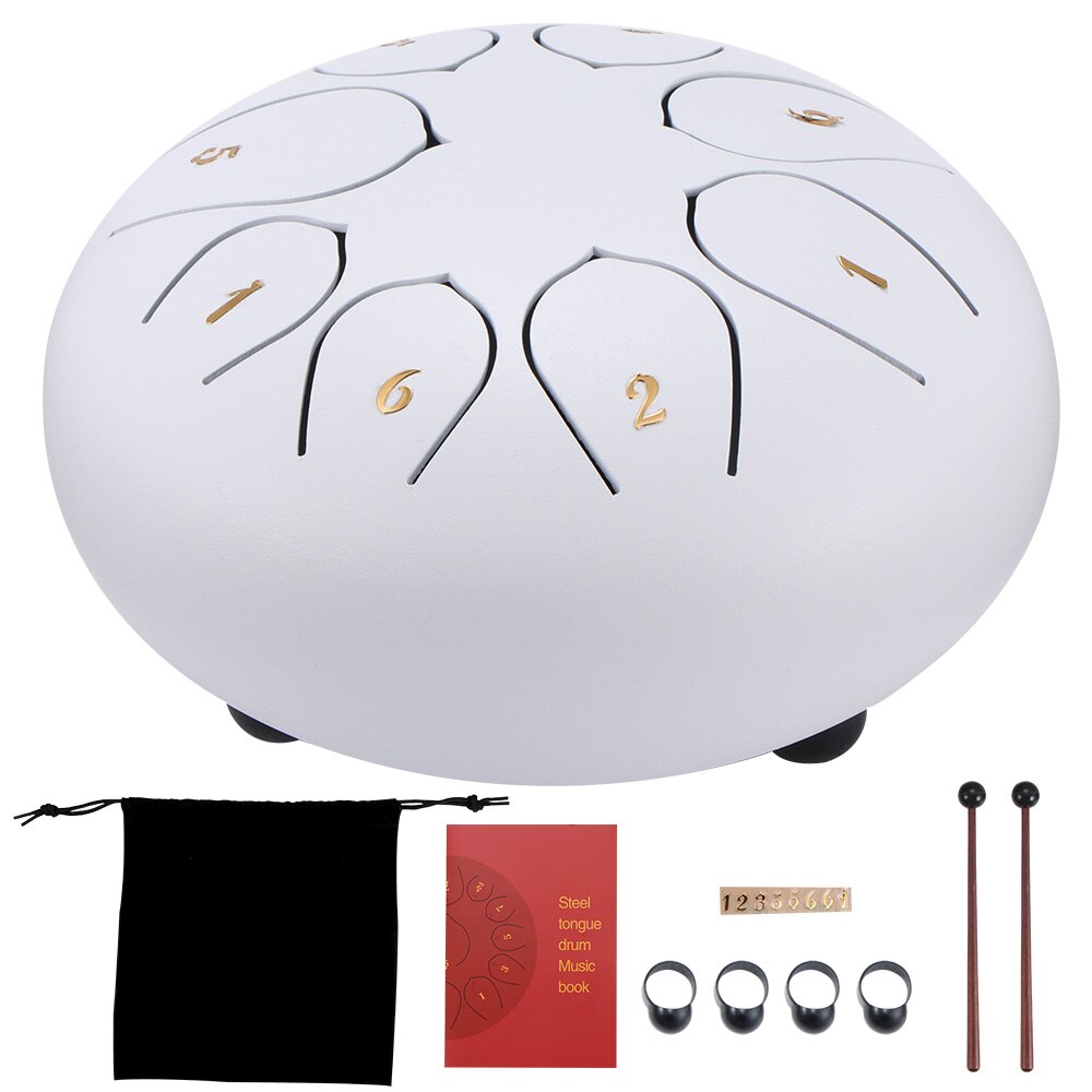 6 Inch Tong Drum Staal Tong Drum 8 Tune Hand Pan Drum Tanks Hang Drum Met Drumsticks Draagtas Percussie instrumenten: White
