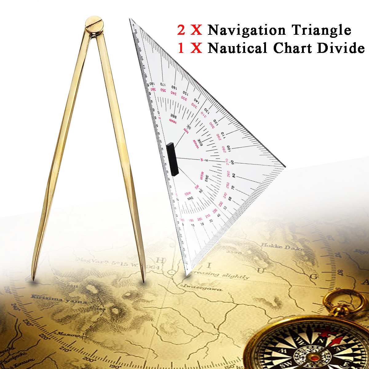 2Pcs 300m Navigation Triangular Protractor + 168mm Nautical Chart Divider Measurement Tools Suitable for Marine Navigation
