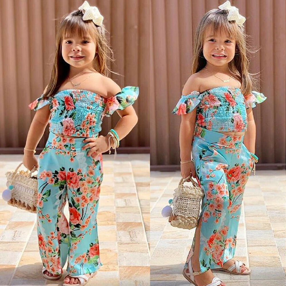 Småbarn barn bebis flicka blommiga sommarkläder set 2 st off shoulder crop tops långa delade byxor bedårande outfit set 2-6 år