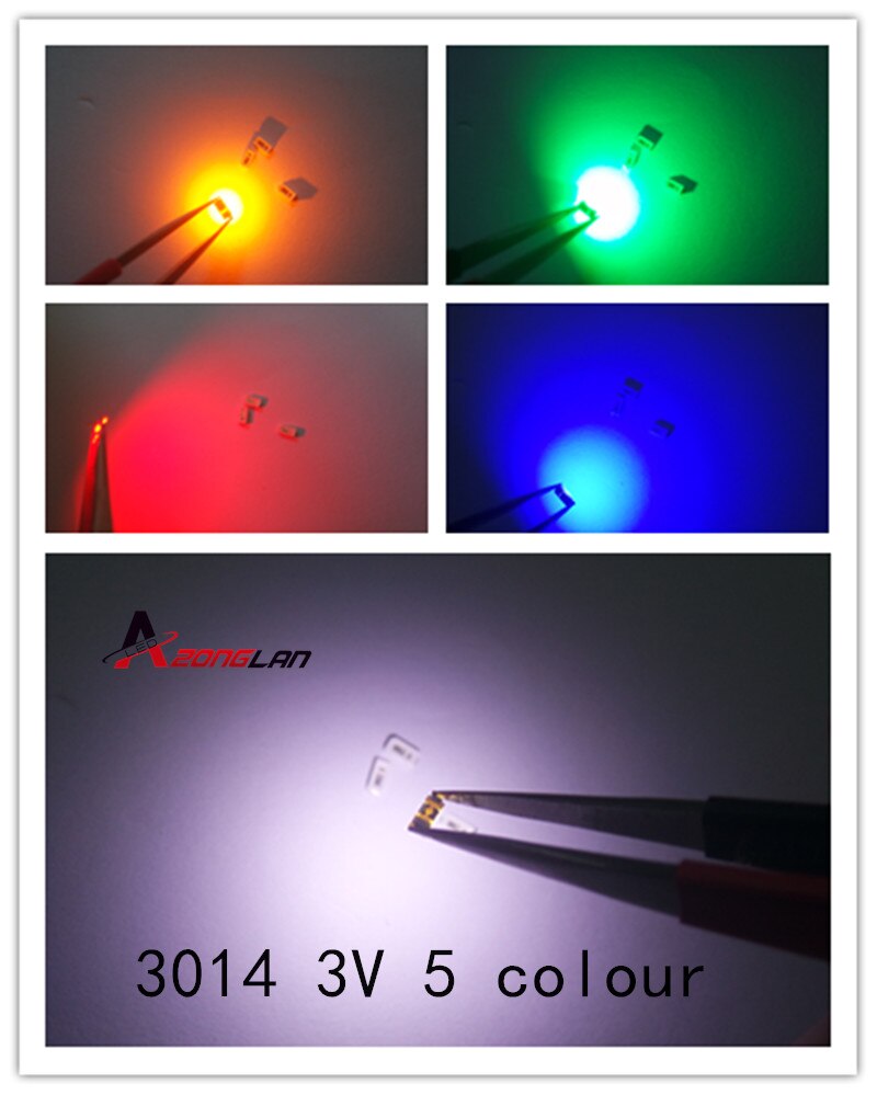 100 unids/lote 5 colores 3014 3V SMD Led Super brillante rojo/Verde/azul/amarillo/blanco agua claro diodo de luz LED
