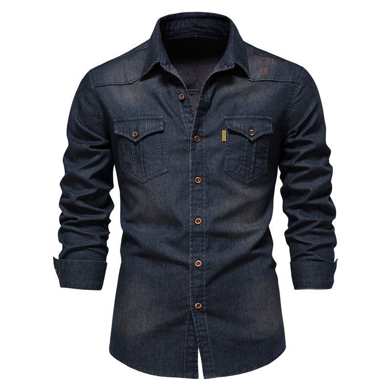 2025 Frühjahr Herren-Jeanshemd, 100 % Baumwolle, elastisch, lässig, schmale Passform, Streetwear-Kleidung, langärmelig, mehrere Taschen, Cowboy-Hemden: XXL / Marineblau