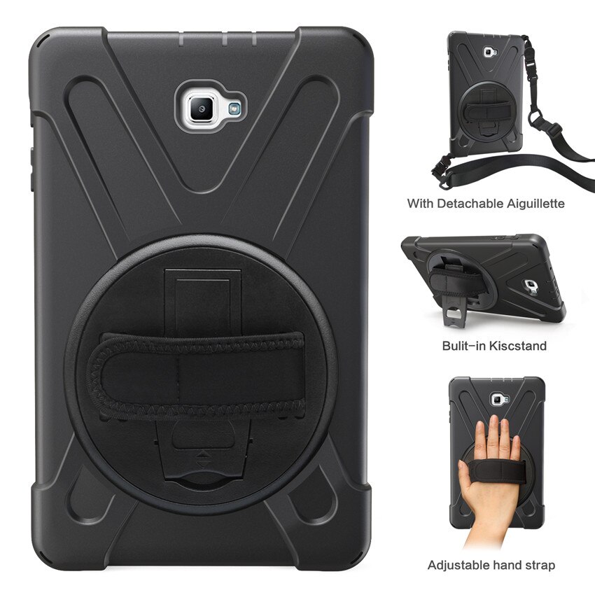 Case For Samsung Galaxy Tab a 10.1 t580 T585 T580N tablet Kids skin Safe Shockproof Armor hard cover+ Hand Strap & Neck Strap: Black