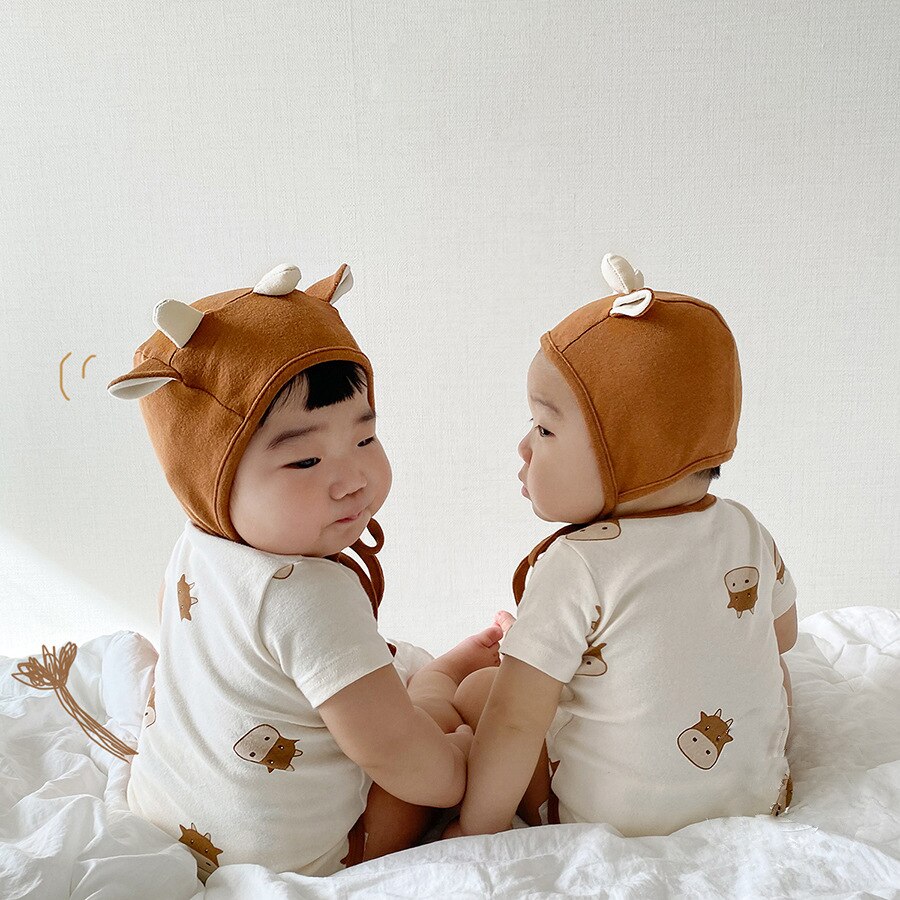 Toddler Baby Clothes Boy Cartoon Cow Pattern Printed Cotton Bodysuit Summer Infant Girl Short Sleeve Bodysuits +hat