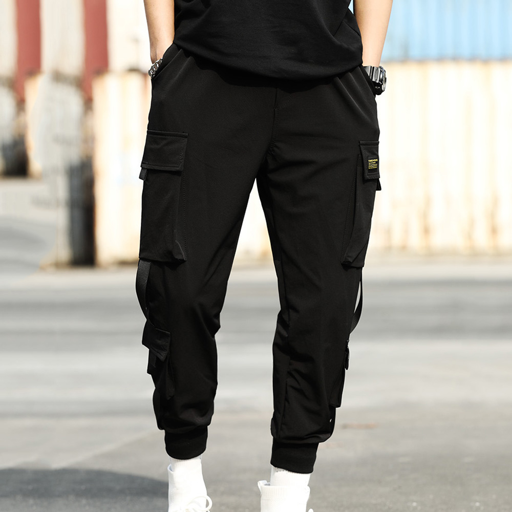 Casual Slim Jogger Broek Streetwear Hip Hop Zwarte Harembroek Unisex Elastische Taille Punk Broek Met Linten Mannen Hip Hop broek