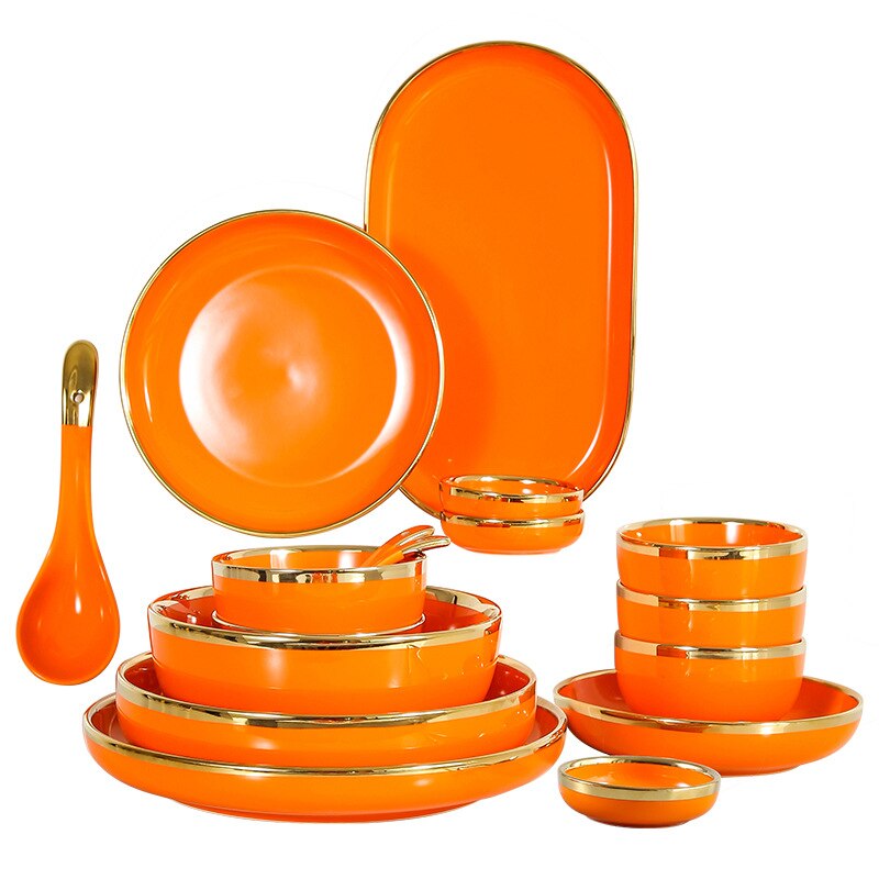 High Grade Bright Orange With Gold Lnlay Plates Steak Food Tray Ceramic Dinner Dish Salad Bowl Mug Porcelain Dinnerware