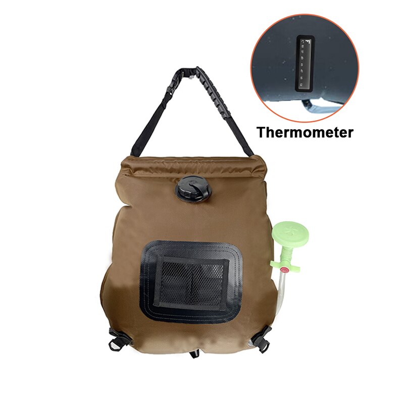 20L Solar- Dusche Tasche wasserdicht für Camping Tragbare Wasser Taschen draussen Faltbare Heizung Umschaltbar Kopf Mit Schnell Trockenen Handtuch: Braun