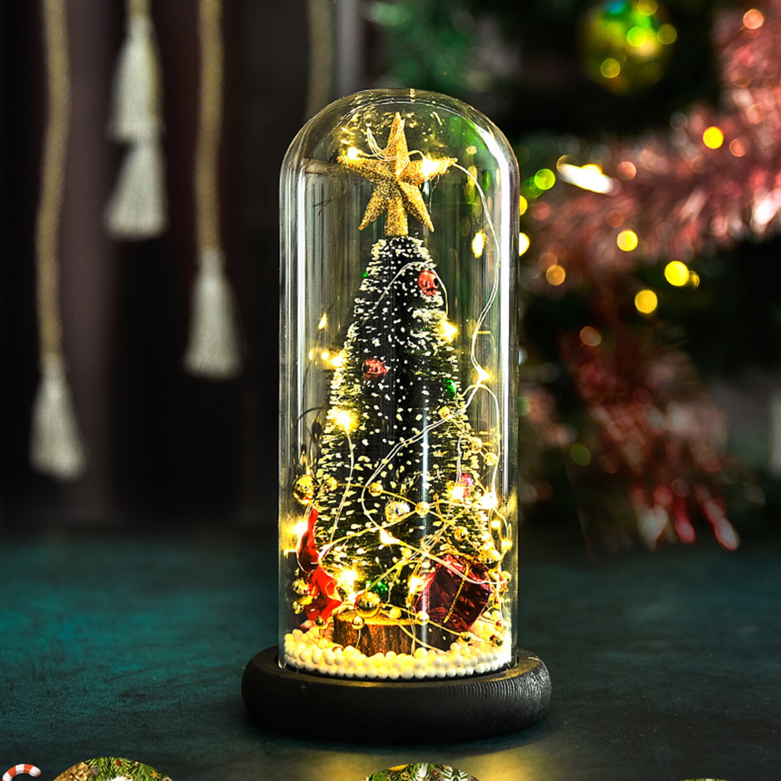 Christmas Decorative Light Desktop Christmas Tree Glass Dome Display Ornament Bedroom LED Night Light Xmas Tree for Family