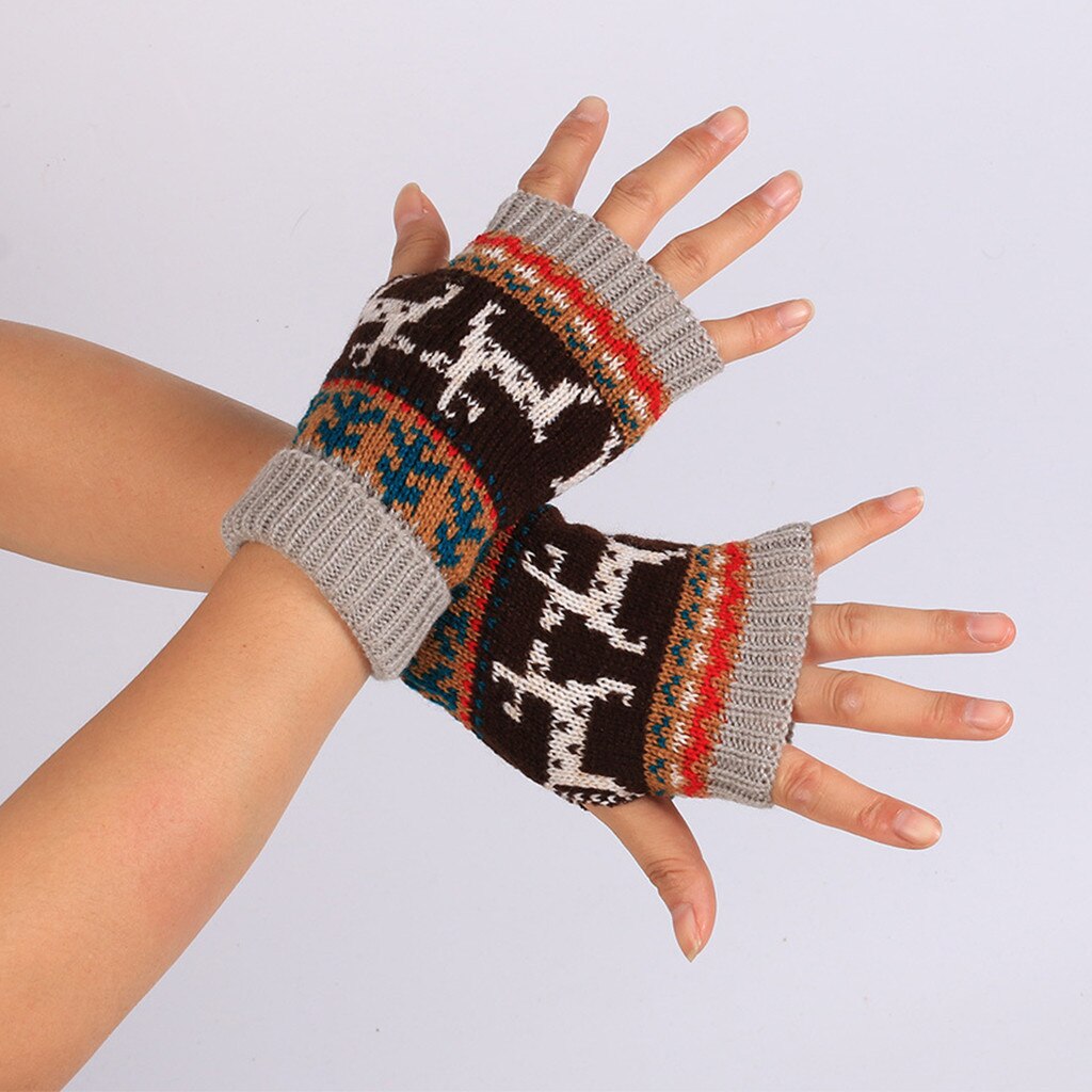 Adult Teens Christmas Winter Gloves Printed Deer Thick Knitted Mittens Fingerless Keep Warm Gloves For Girls Sports Outdoor