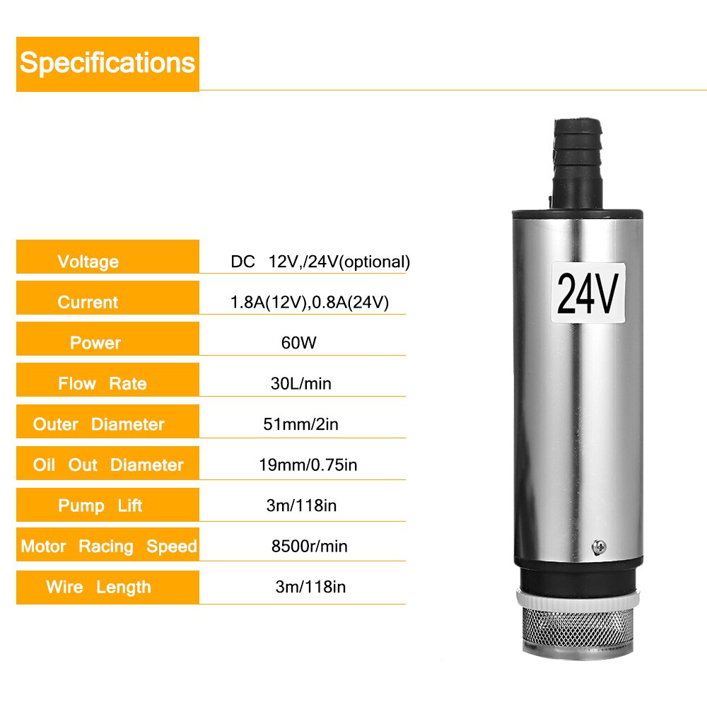 DC 12V/24V Submersible Pump for Pumping Diesel Oil Water 51mm Water Oil Diesel Fuel Transfer Pump Refueling with Fliter Screen: 24V