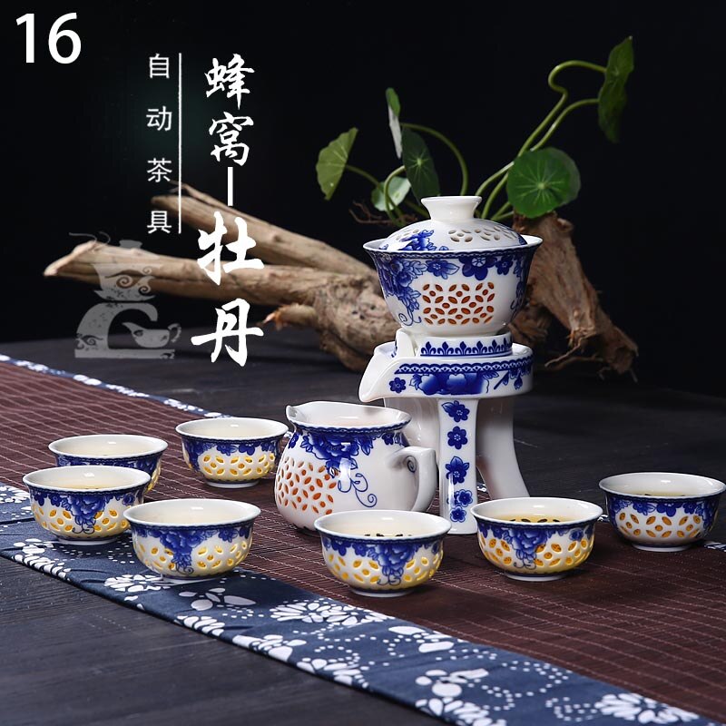 Exquisite Peony Automatic Tea Set Blue and White C... – Grandado