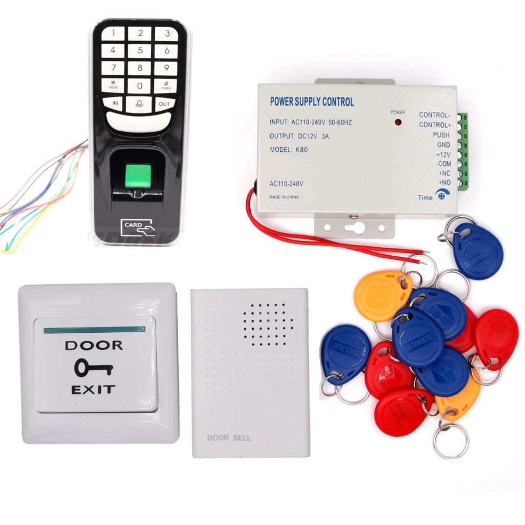 Biometric RFID 125KHz Proximity Card Door Entry Building Door Access Control System (Keypad Power Exit button Doorbell Keyfob)