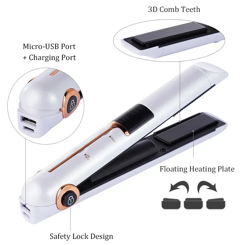 Tragbarer, kabelloser haarglätter mit powerbank-funktion, wiederaufladbarer haarglätter und lockenstab für zuhause und reisen