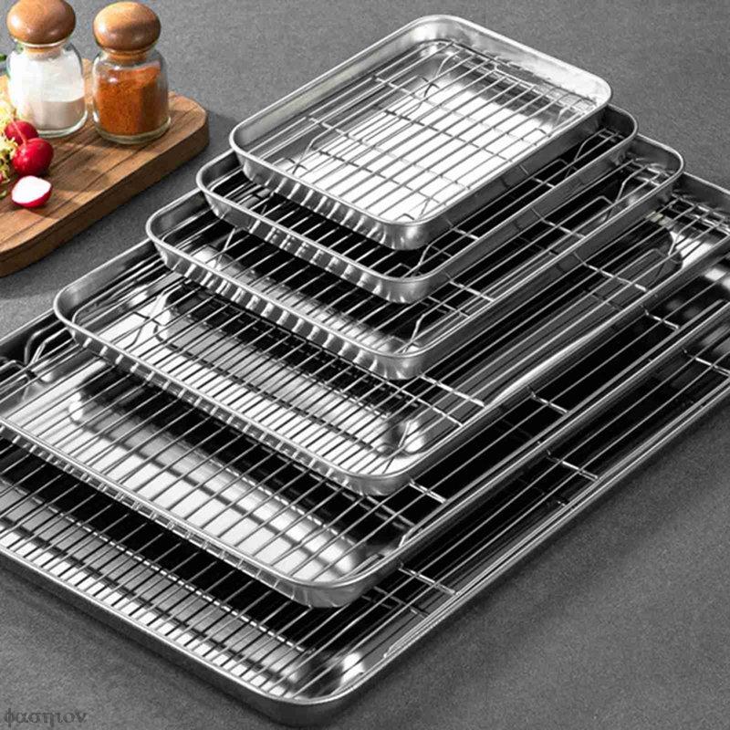 Stainless Steel Baking Tray With Removable Cooling Rack Set Non-stick Chips Basket Baking Dish Grill Mesh Kitchen Tool BBQ Tray