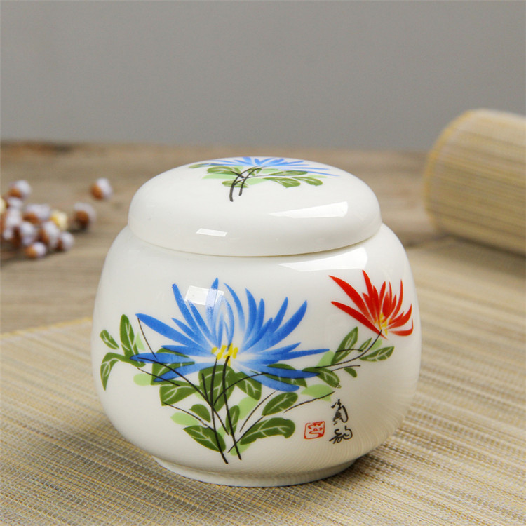 Boîte à thé Kongfu | Coffres traditionnels chinois de stockage de thé en porcelaine peinte à la main, nourriture Puer, poterie, thé vert: ChrysanthemPorcelain