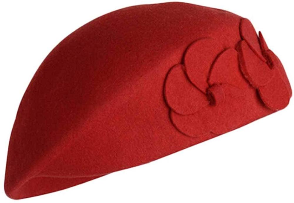 Franse Baret 100% Wol Baret Bloemen Jurk Beanie Warme Pillendoosjepet: Rood