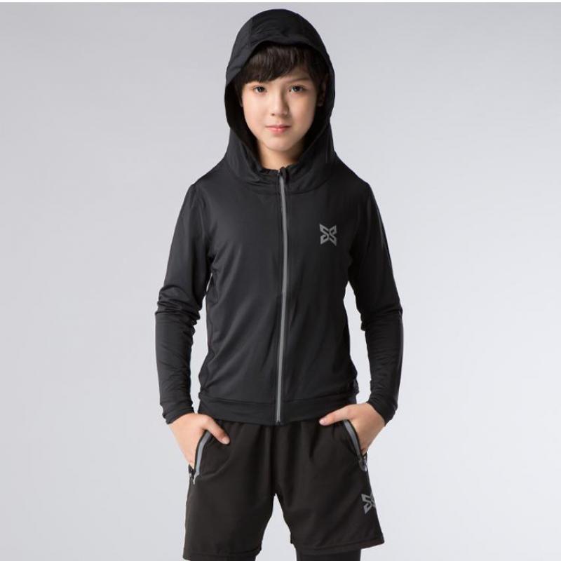HAMEK Jongens Running Hooded Jassen Kids Strakke Dunne Jas Basketbal Voetbal Outdoor Fitness Jassen Reflecterende Streep Zip Snelheid Droog