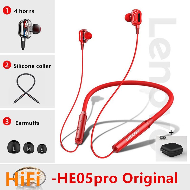 Lenovo Earphones Bluetooth Wireless Stereo Sports IPX5 Waterproof Sport Earbud Headset Noise Reduction Magnetic Runing Headset: he05redpro case