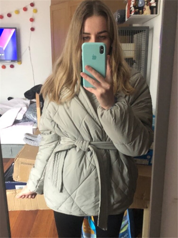 Hzirip kvinnor vinter solida skärp kappa kvinnliga tjocka studenter utkläder söt kontor dam varm jacka