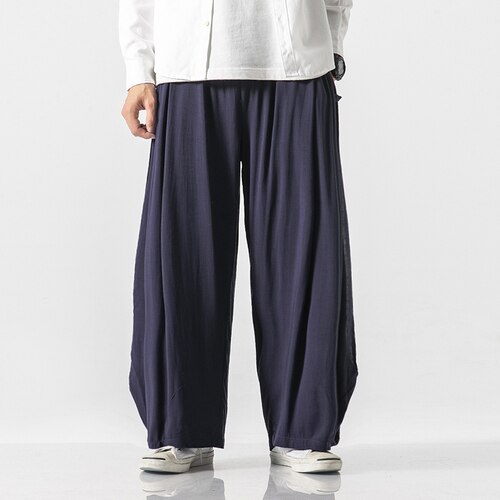Mænd bukser i linned med brede ben mand harajuku streetwear haremsbukser mandlig kinesisk stil hanfu kongfu sorte bomuldsbukser nederdel: Xxl / Flåde
