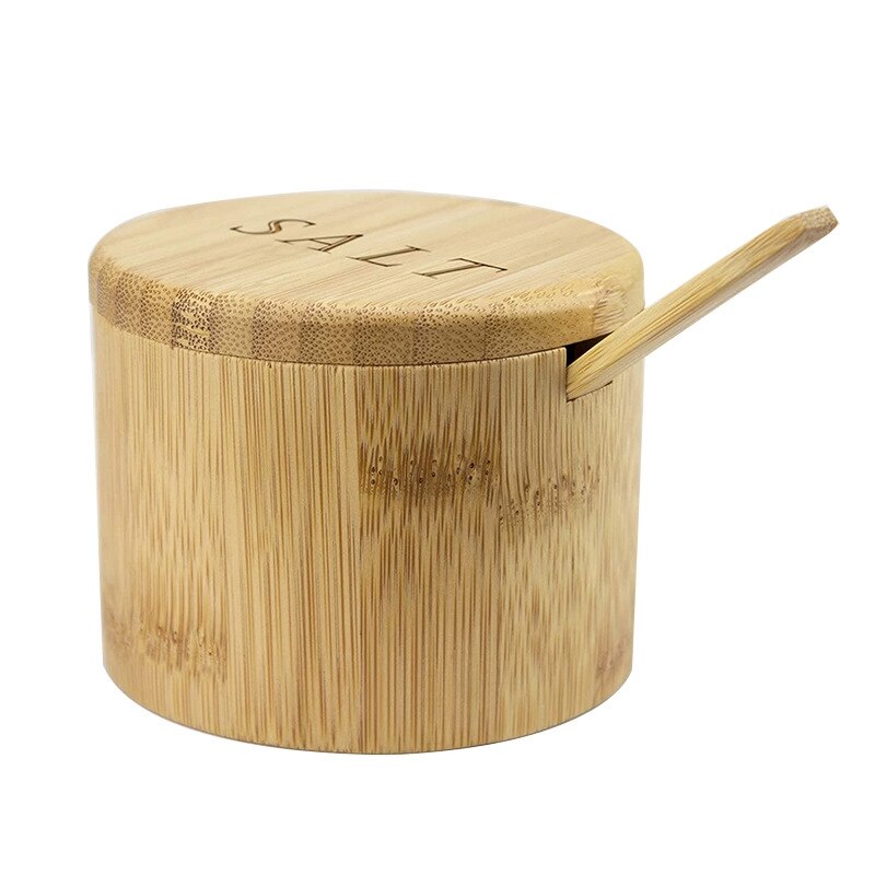 JHD-Salt Box, Bamboo Storage Box With Magnetic Swivel Lid, Salt Engraved On Lid With Bamboo Spoon Bamboo Salt Keeper