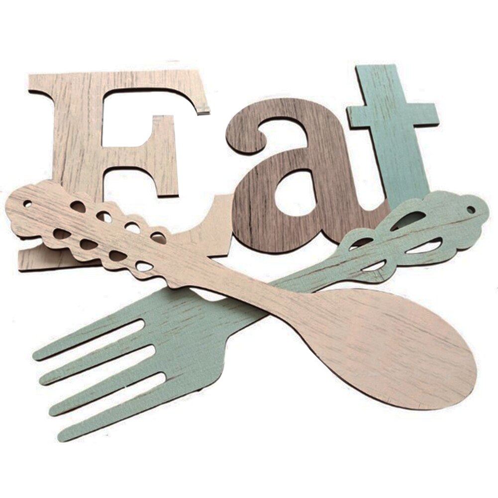 Farmhouse Fork Spoon Eat Sign Set Cafe Bar Rustic Wood Wall Hanging Dining Room