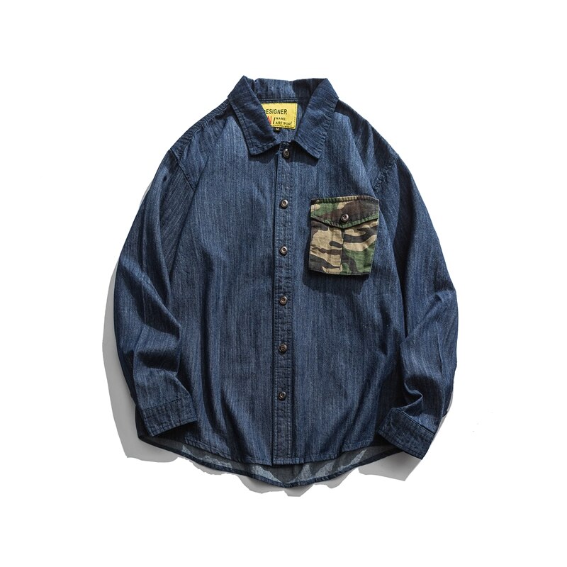 Camouflage lomme koreansk langærmet cargo denim shirt herretøj streetwear kpop frakke harajuku toppe mandlige: L