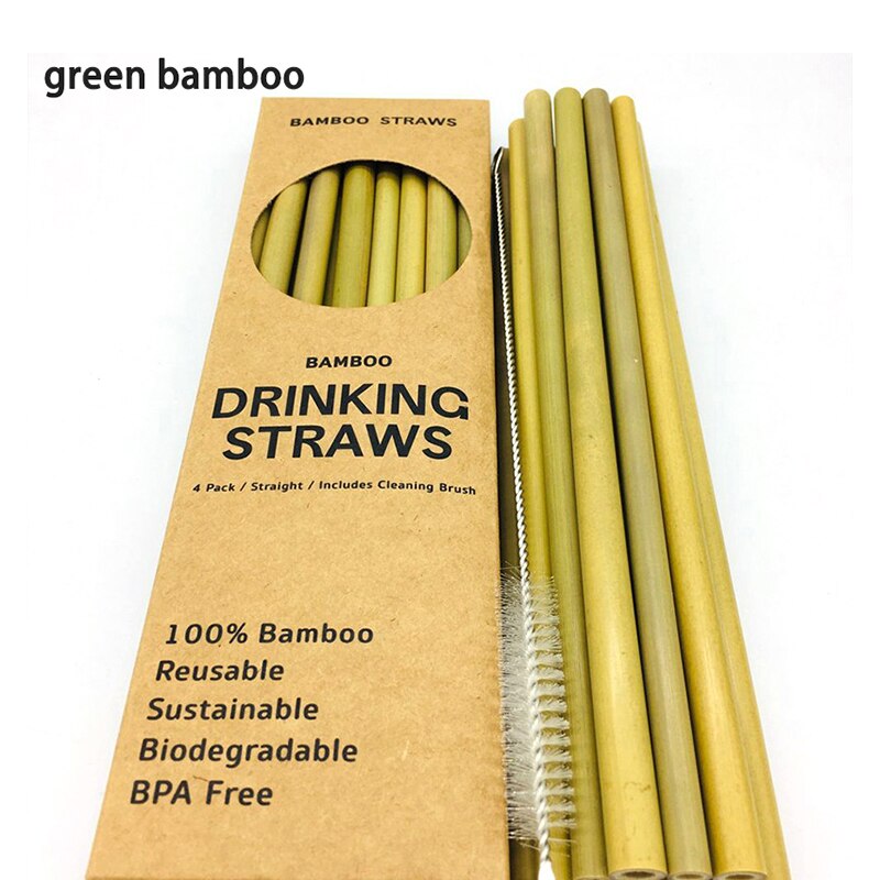 12Pcs Natuurlijke Organische Bamboe Stro Set Milieuvriendelijke Bamboe Stro Case Herbruikbare Rietjes Met Stro Borstel 8 Inch: green bamboo