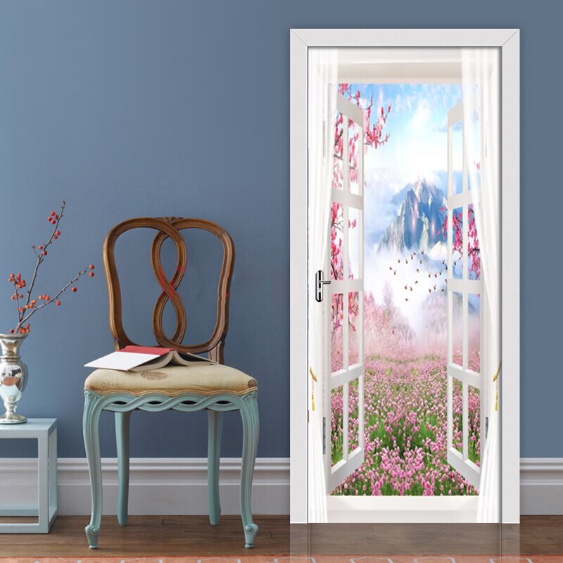 3D Wall Door Sticker Scenery Outside Window Wallpaper Living Room Bedroom Home Decor Paste PVC Self-Adhesive Waterproof 3D Mural