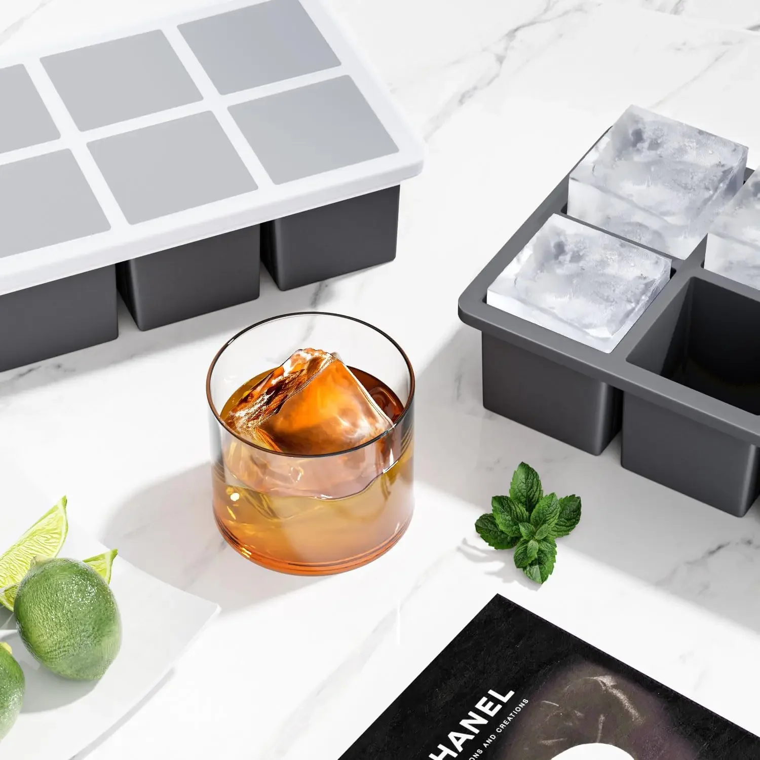 Large Ice Cube Tray for Whiskey Big Square Ice Cube Maker for Cocktail Silicone Old Fashioned Ice Cube Trays Huge Cubed Ice Tray