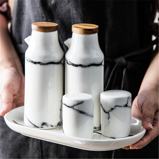 Marmor keramik salt peppar oljeflaska set porslin oliv soja krydda fest gynnar köksredskap olja vinäger flaskor