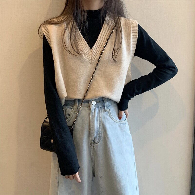 Onoti syksy kiinteä korealaistyylinen neulepusero liivi naiselle neulepusero talvi rento naiset pull femme hiver: Beige