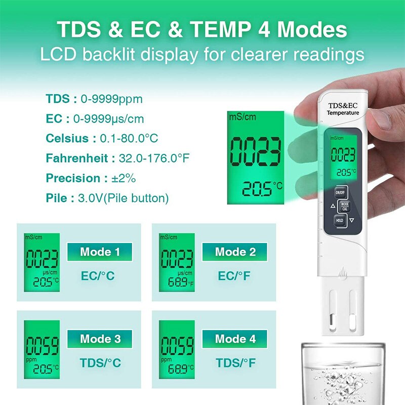 PH Meter, 3 In1 TDS+EC+Temp Meter Digital PH Meter Water Tester with LCD Sn Accuracy Resolution