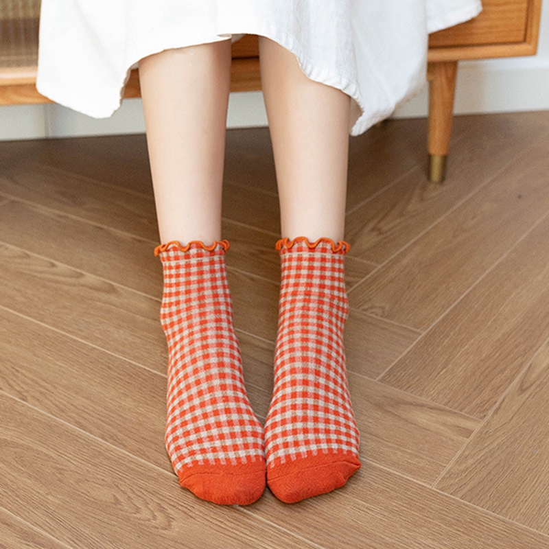 Calcetines de mujer de otoño a cuadros Retro Vintage calcetines de algodón equipo cómodo Color calcetín elástico a cuadros calcetines cortos Mujer Sox