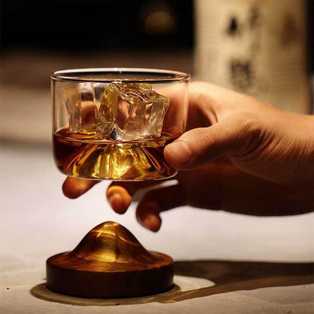 Mountain Whiskey Glass Cup Minimalist Wooden Base Rocks Beer Wine Glasses Juice Cup Bar Hotel Drinkware