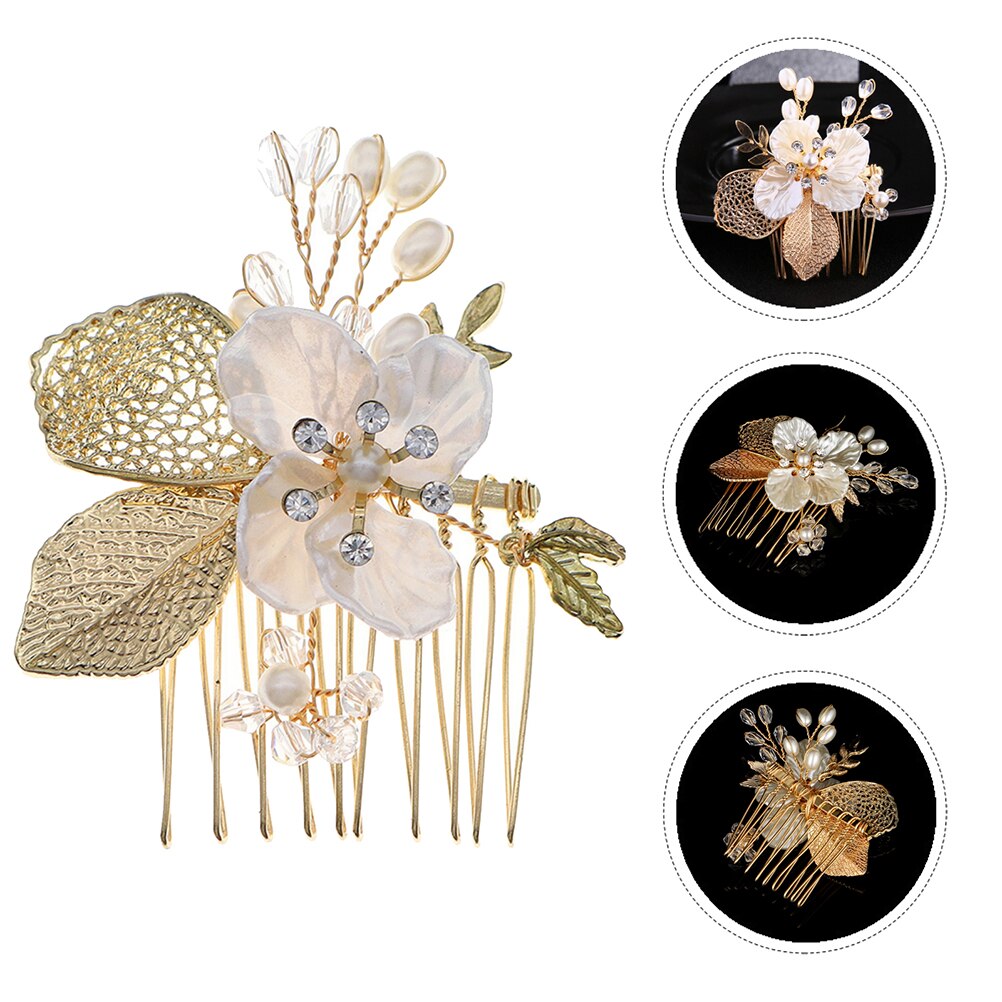 1 Pc Bloem Haar Kam Legering Haar Decor Parel Kant Haar Kam (Golden)