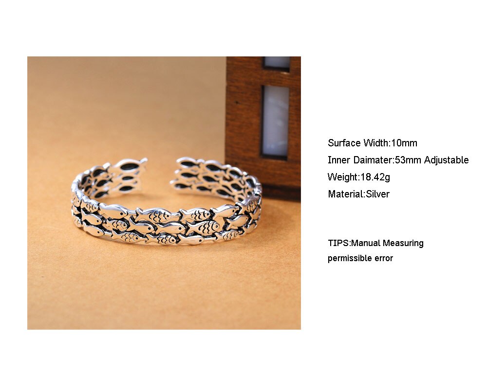 925 sterling sølv stabelbare fisk thai sølv armbånd armbånd vintage åbent manchet armbånd til kvinder mænd s -b276