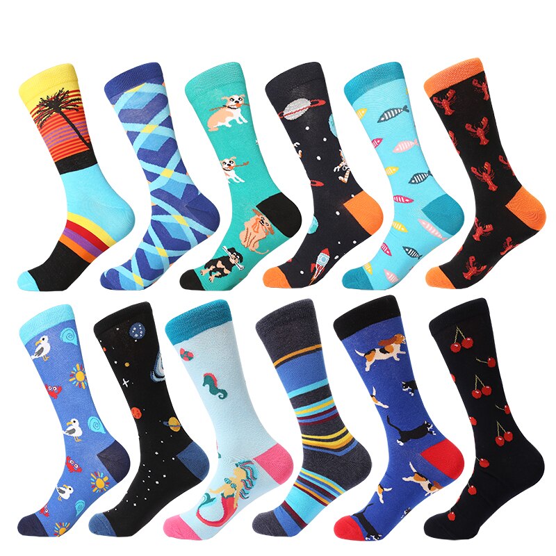 MYORED 12 par/lote calcetines informales para hombre a cuadros coloridos dibujos animados de frutas animales lunares rayas feliz de negocios calcetas de algodón de vestir Hombre