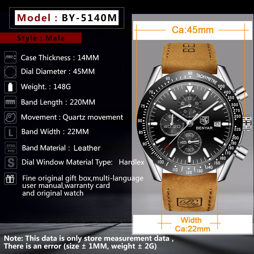 Luxe heren Horloge BENYAR Lederen Armband Sport Waterdicht Chronograaf Lederen Quartz Horloges Mannelijke Relogio Masculino