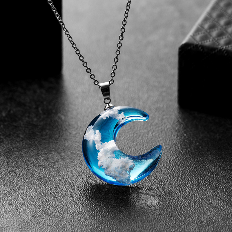 Transparent Harz Rould Ball Mond Anhänger Halskette Frauen Blauen Himmel Weißen Wolke Kette Halskette Schmuck