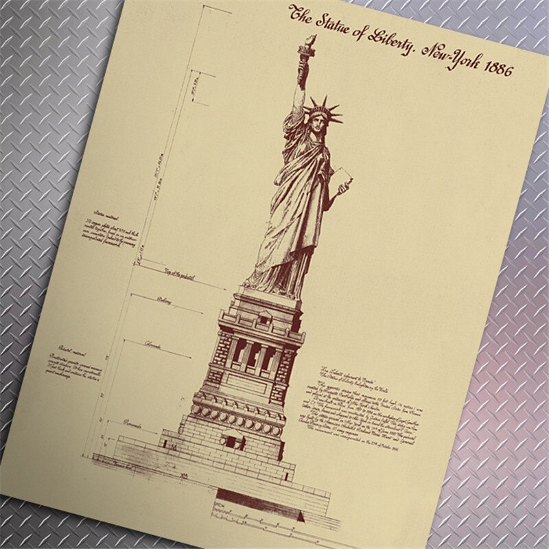 Bar hjemmeinnredning vintage frihetsgudinnen i york 1886 tegninger plakat retro kraftpapir 51 x 35cm veggklistremerke