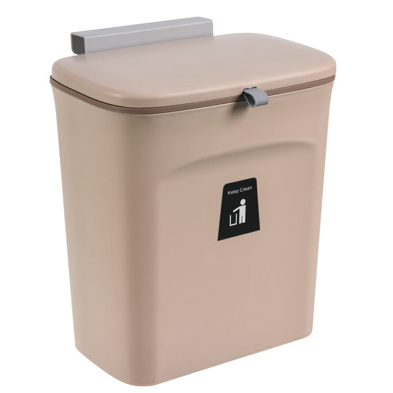 Colgador para puerta de armario de cocina, cubo de basura, contenedor, contenedores de basura, soportes colgantes para baño y cocina, herramientas de limpieza: Brown with cover