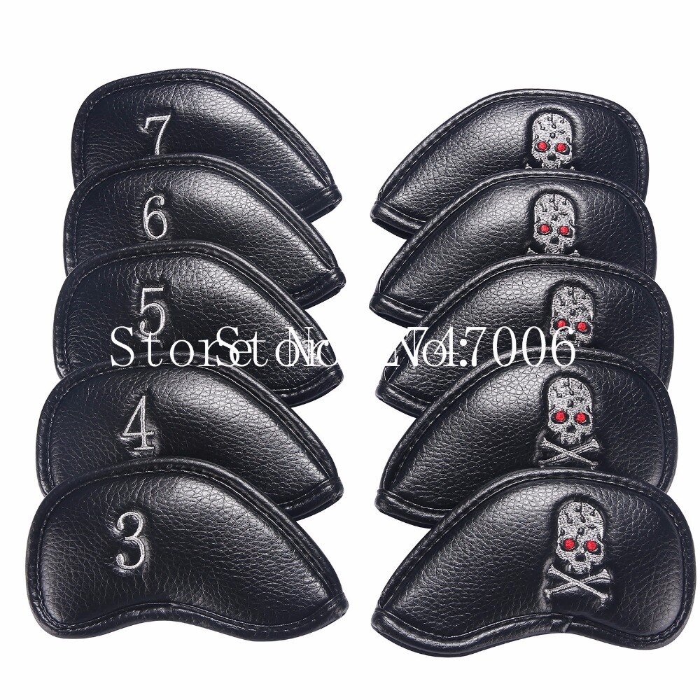 10 Pcs Dikke Pu Kunstleer Black Skeleton Golf Skull Iron Headcover Sets Iron Club Head Cover