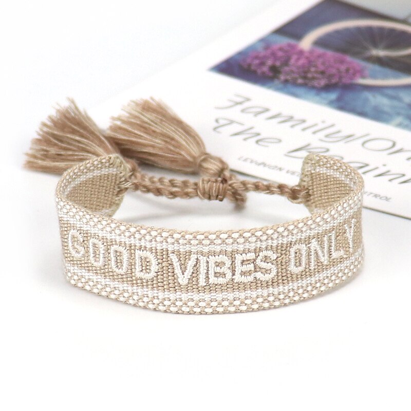 Black Color Letter Printed Braided Bracelet For Women Men Handmade Tassel Bracelet Adjustable Rope Bracelets Couple Jewelry: Good vibes-Beige