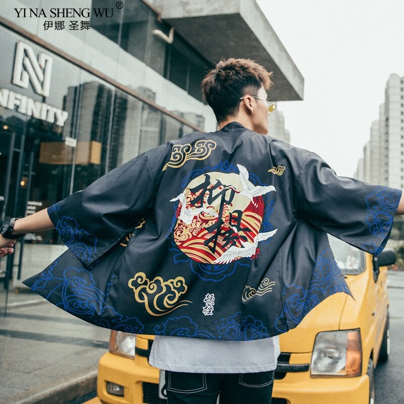 Estilo chino dibujo de calavera Cardigan playa Kimono Harajuku mujeres hombres Streetwear tradicional túnica japonesa playa corta blusa Top: Black / L