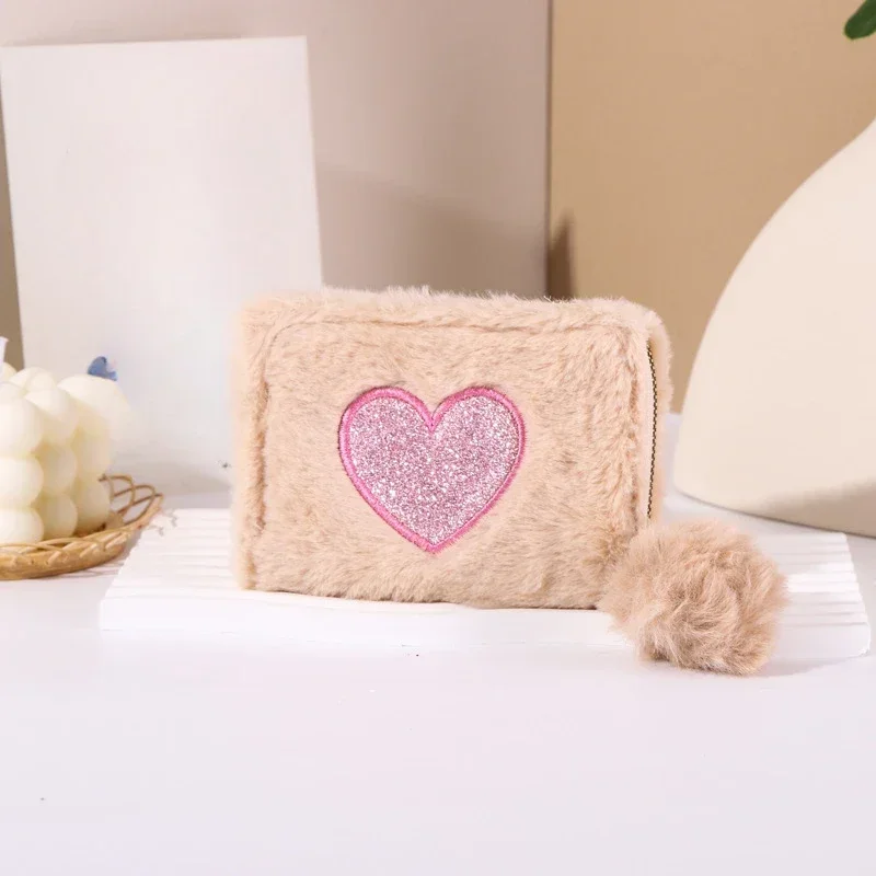 Girls Cute Plush Heart Print Wallet Children's Zipper Coin Purse with Card Holder Clutch Bag Mini Purse Coin Pouch Card Wallet: black