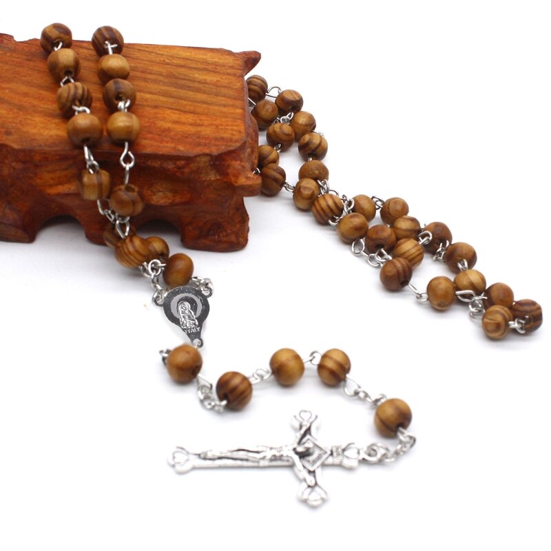 Retro Houten Rozenkrans Kralen Ketting Voor Vrouwen Cross Jezus Hanger Religieuze