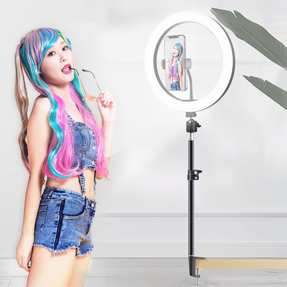 LED Ring Light - Dimmable Selfie Lamp with Stretchable Phone Holder Clip for Live Photo Studio